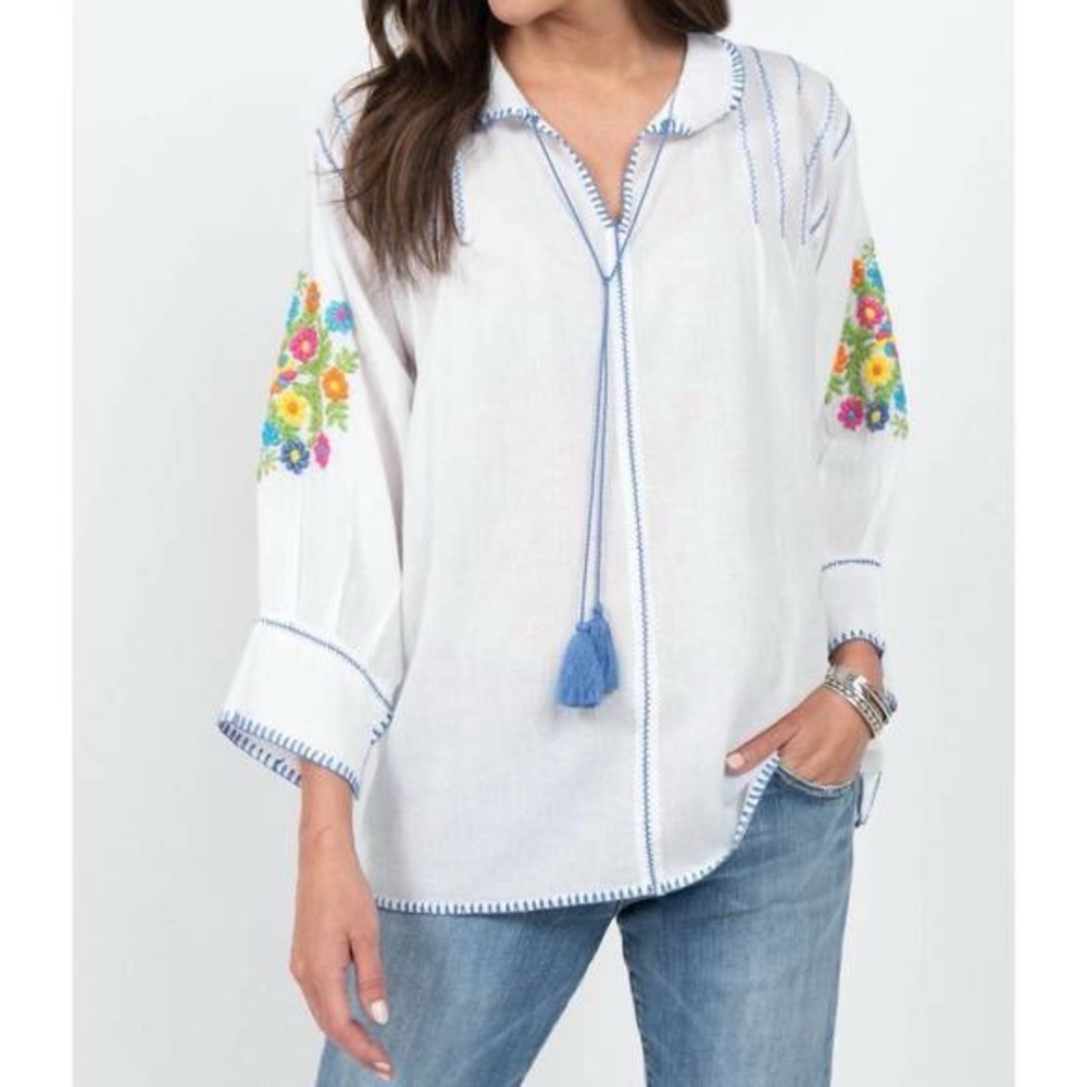 White Embroidered Peasant Blouse with Blue Trim